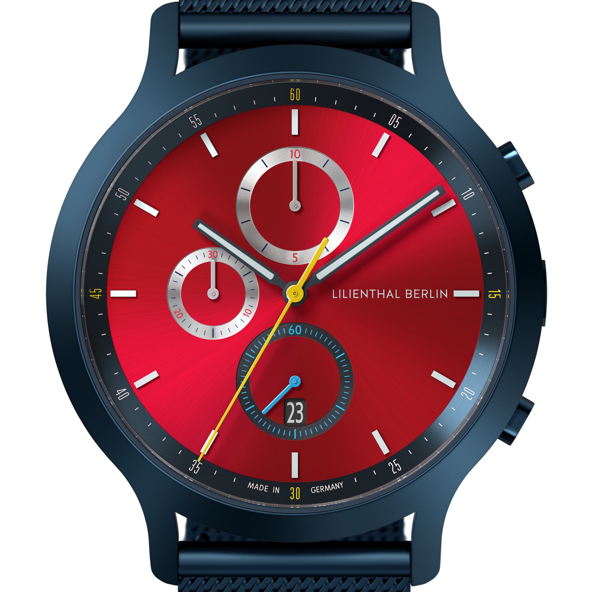 Modern chronograph watch with a red dial, subdials, and blue case, displaying Lilienthal Berlin logo.
