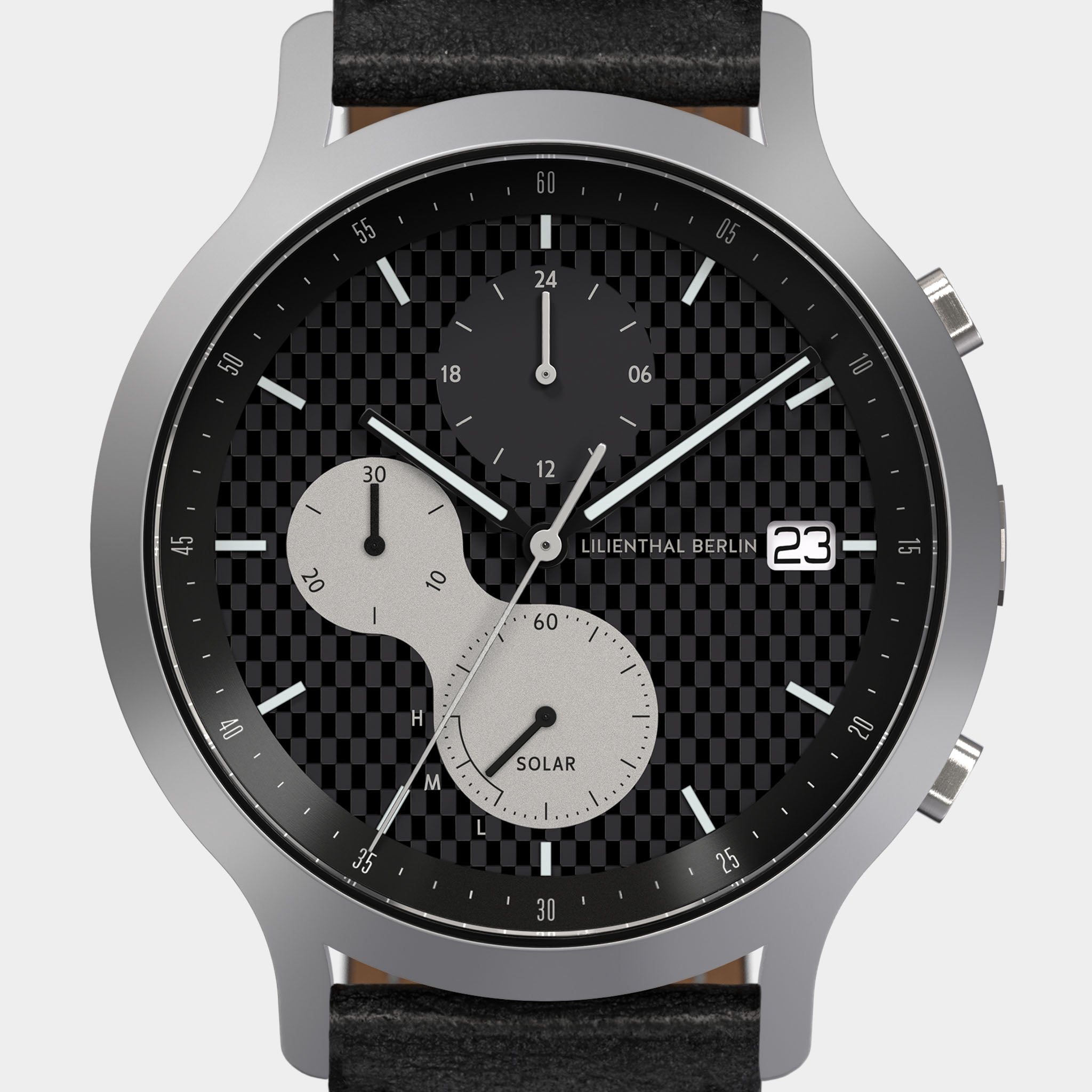 Modern analog wristwatch with black checkered dial, subdials, date display, and black leather strap.