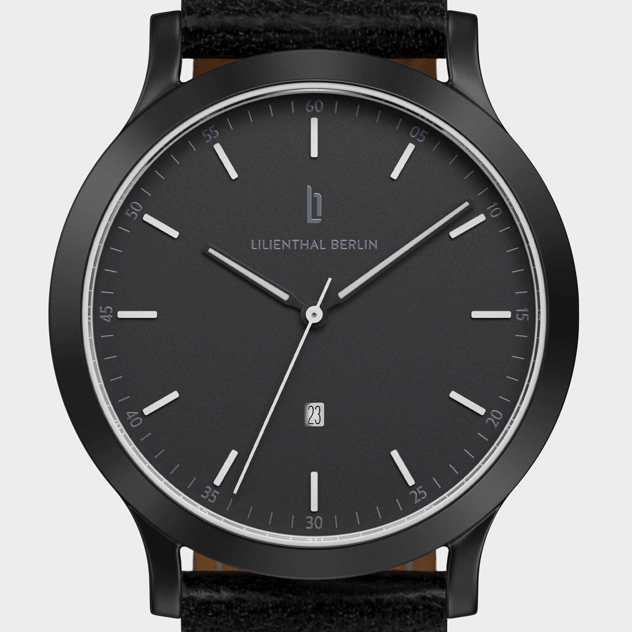 Minimalist black watch with date display and black leather strap
