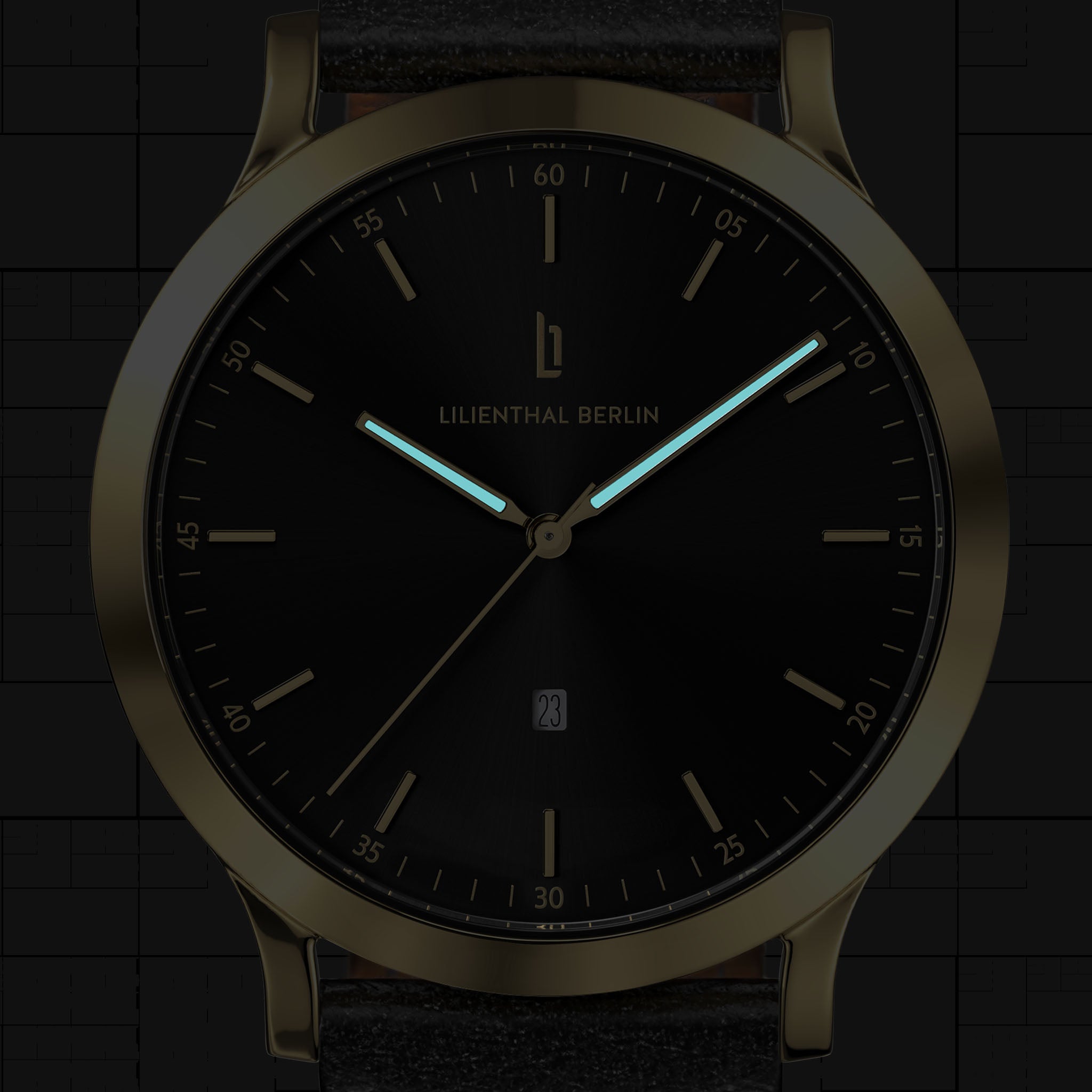 Minimalist black and gold analog wristwatch with glowing hands and date display