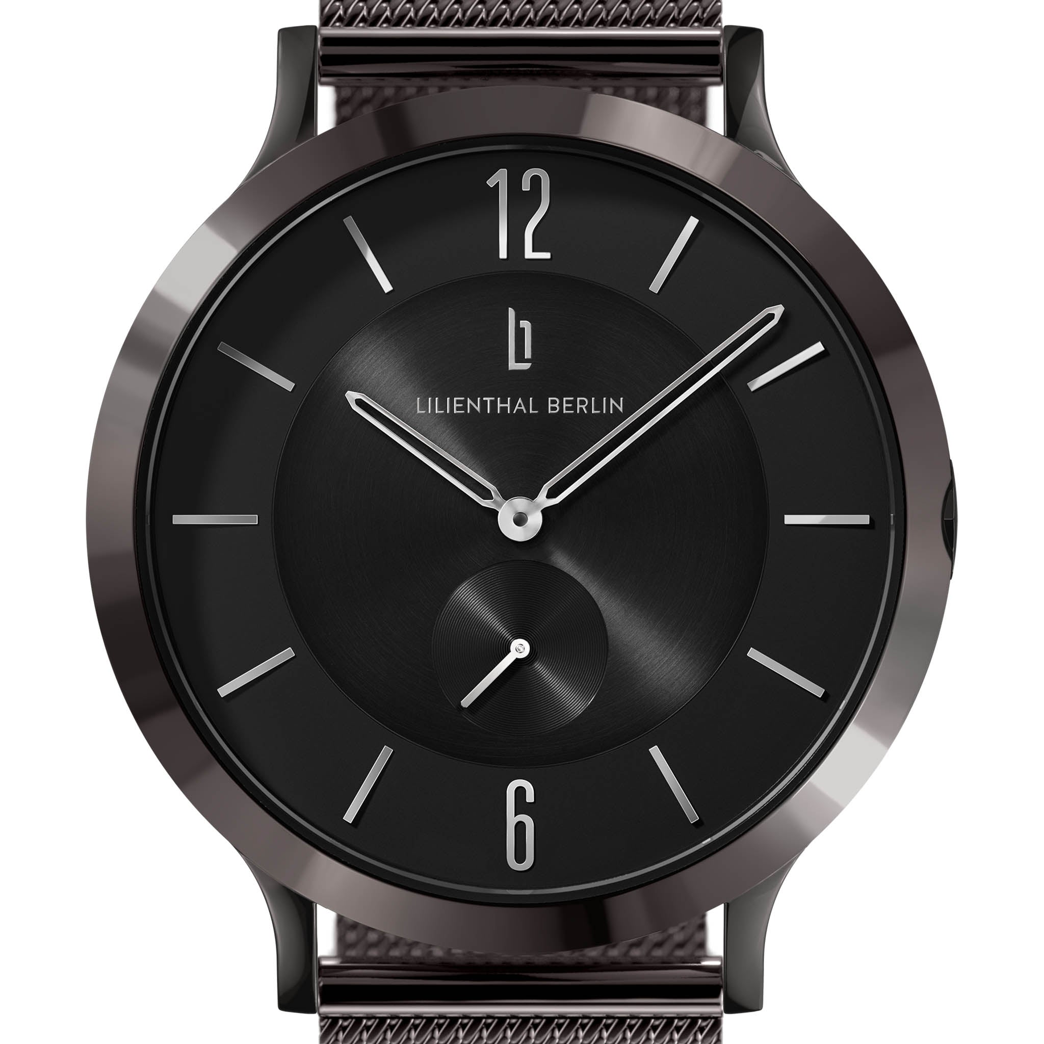 Minimalist black wristwatch with mesh strap, silver markers, and Lilienthal Berlin logo on dial