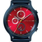 Men's chronograph watch with red dial, subdials, date display and navy blue case