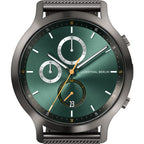 Men’s chronograph watch with green dial, subdials, mesh strap, date display, and silver case