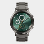 Stainless steel chronograph watch with green dial, subdials, and metal bracelet