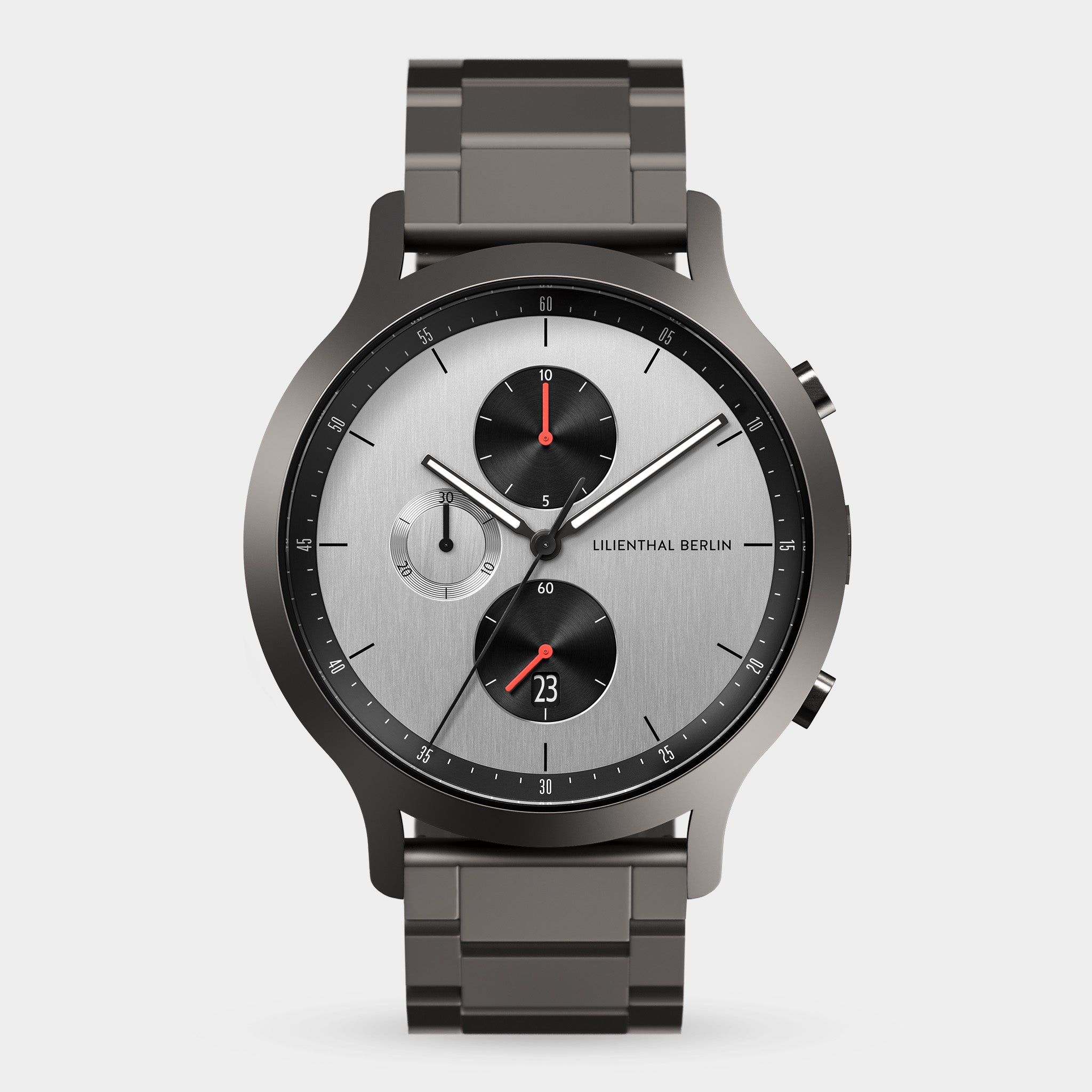 Modern stainless steel chronograph wristwatch with black subdials and metal link bracelet