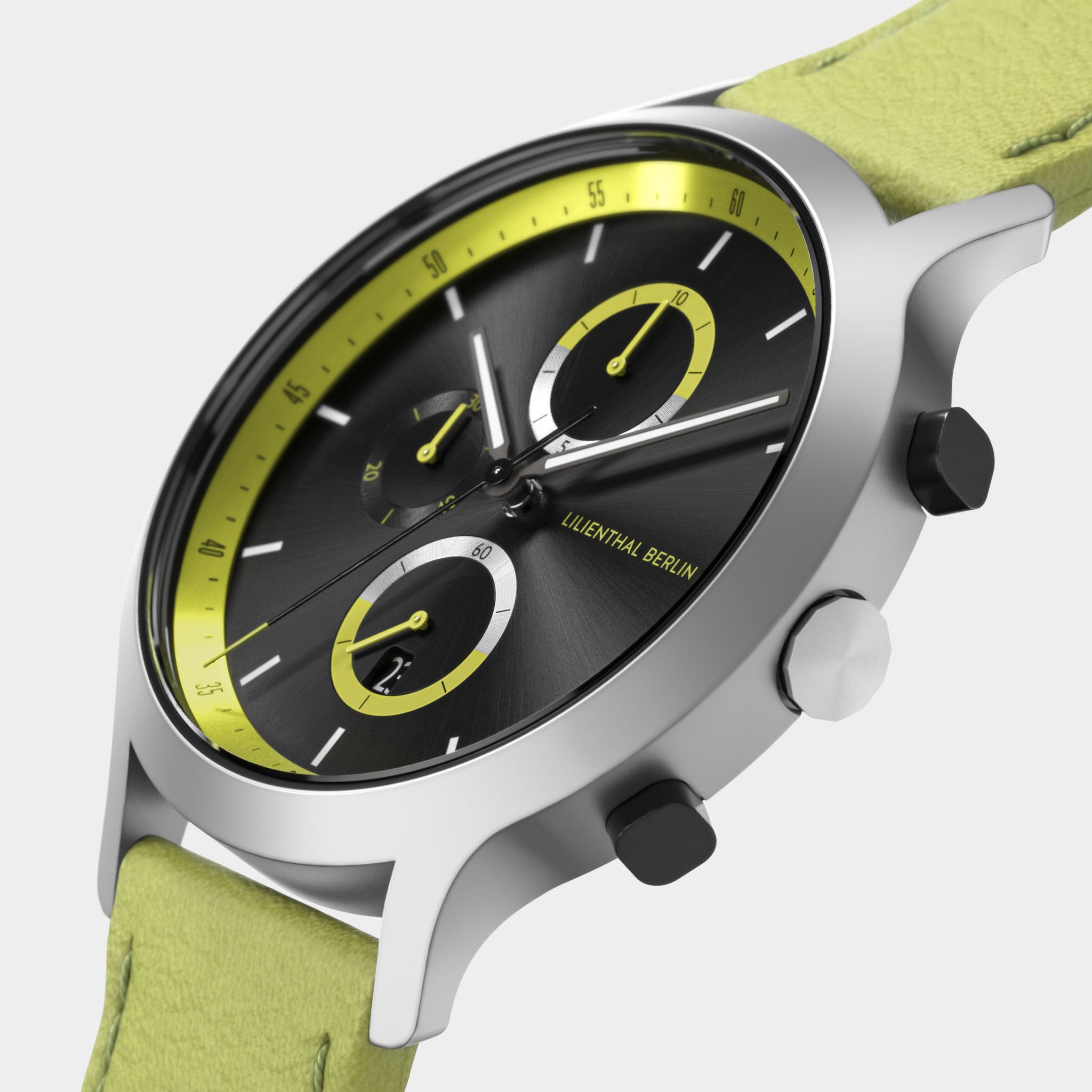 Modern chronograph wristwatch with black and yellow dial, lime green leather strap