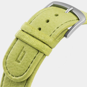 Lime green leather watch strap with silver buckle, close-up view.
