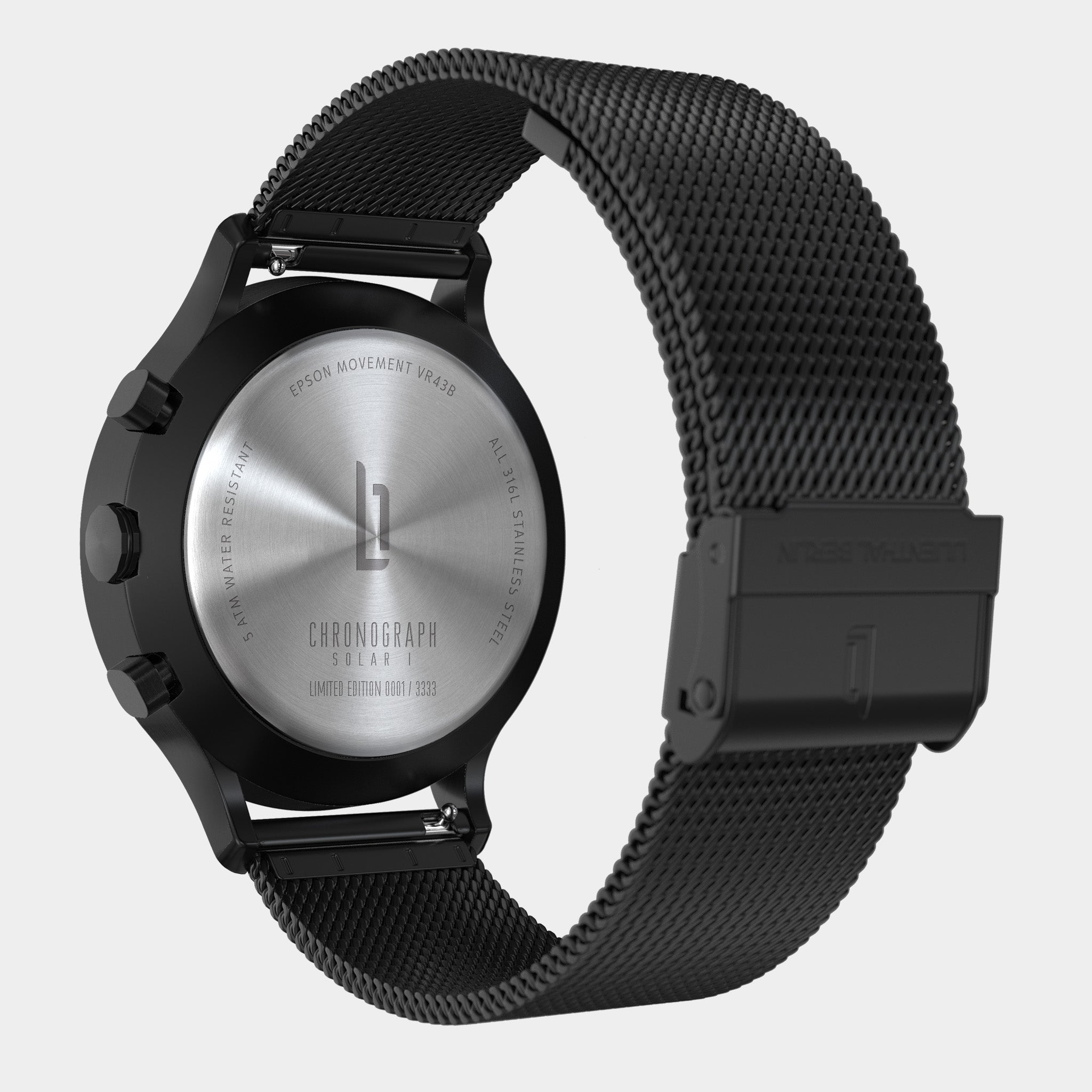 Back view of a stainless steel mesh band chronograph solar watch with black case