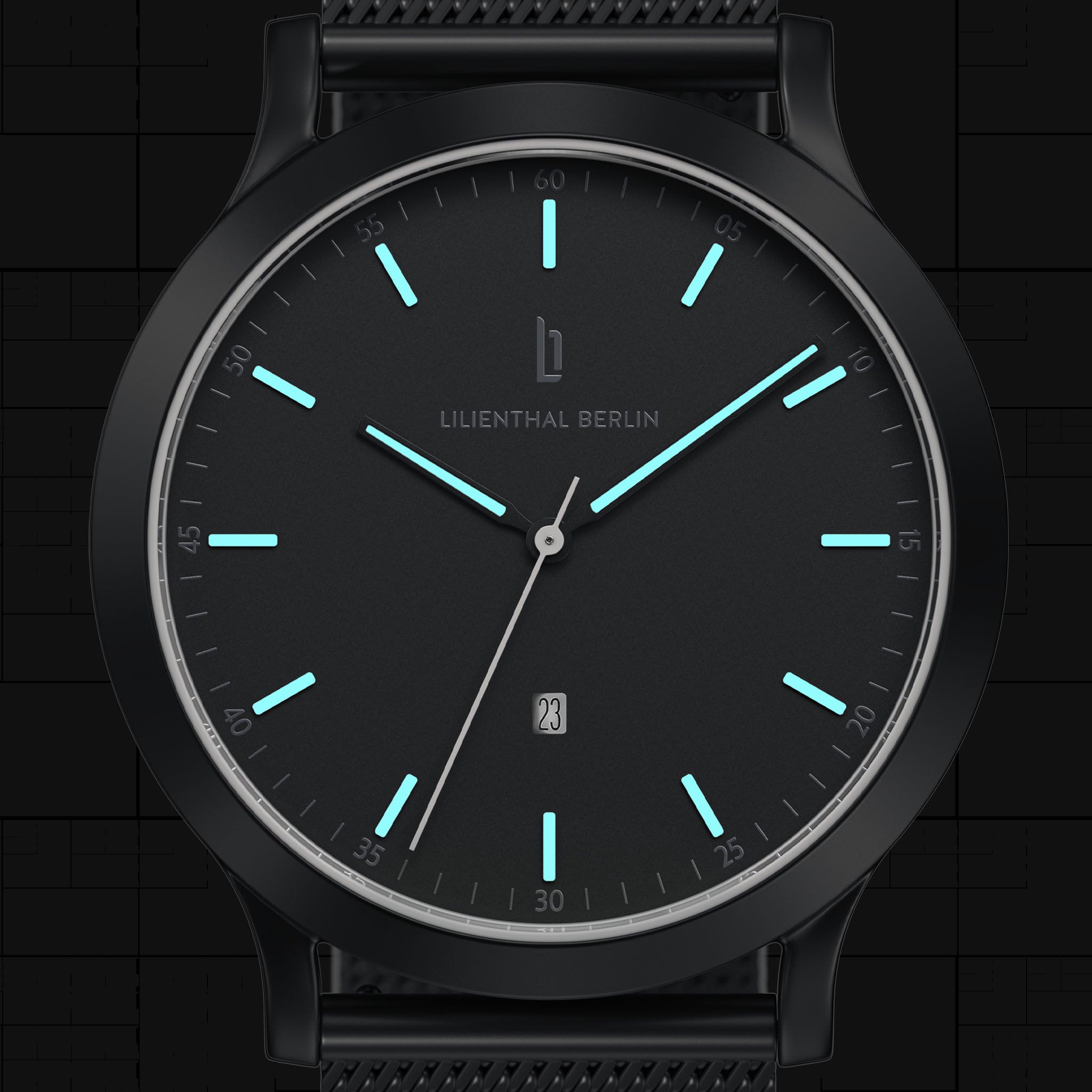 Minimalist black wristwatch with luminous blue hour markers and mesh strap