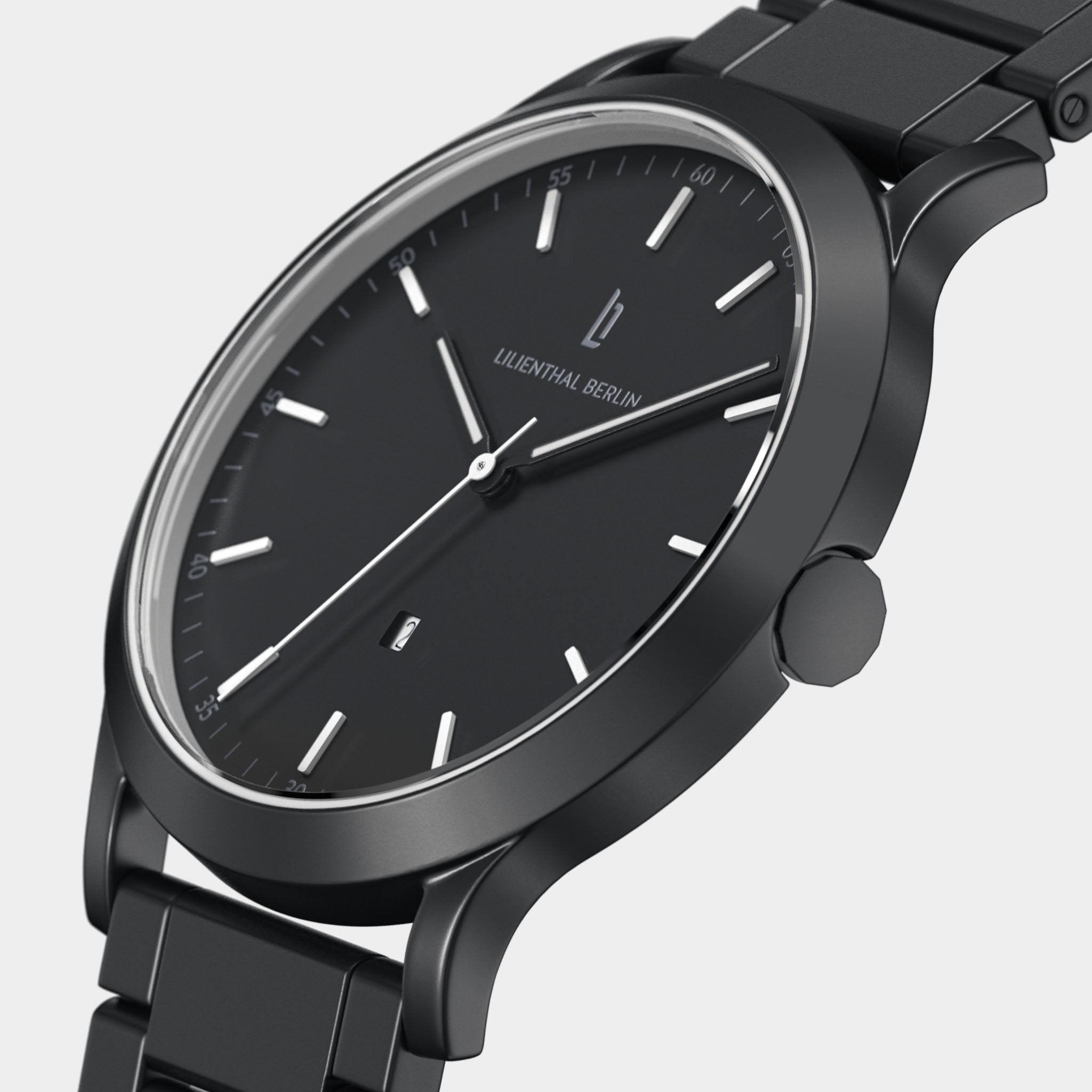 Sleek black minimalist wristwatch with metal band and date display, modern design