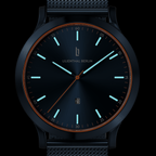 Modern black wristwatch with blue luminous markers, mesh strap, and minimalist dial design