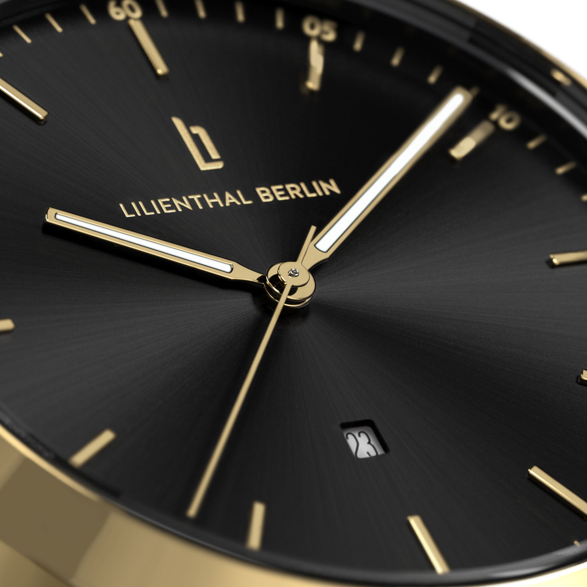 Black and gold minimalist watch face with date display and sleek hour markers