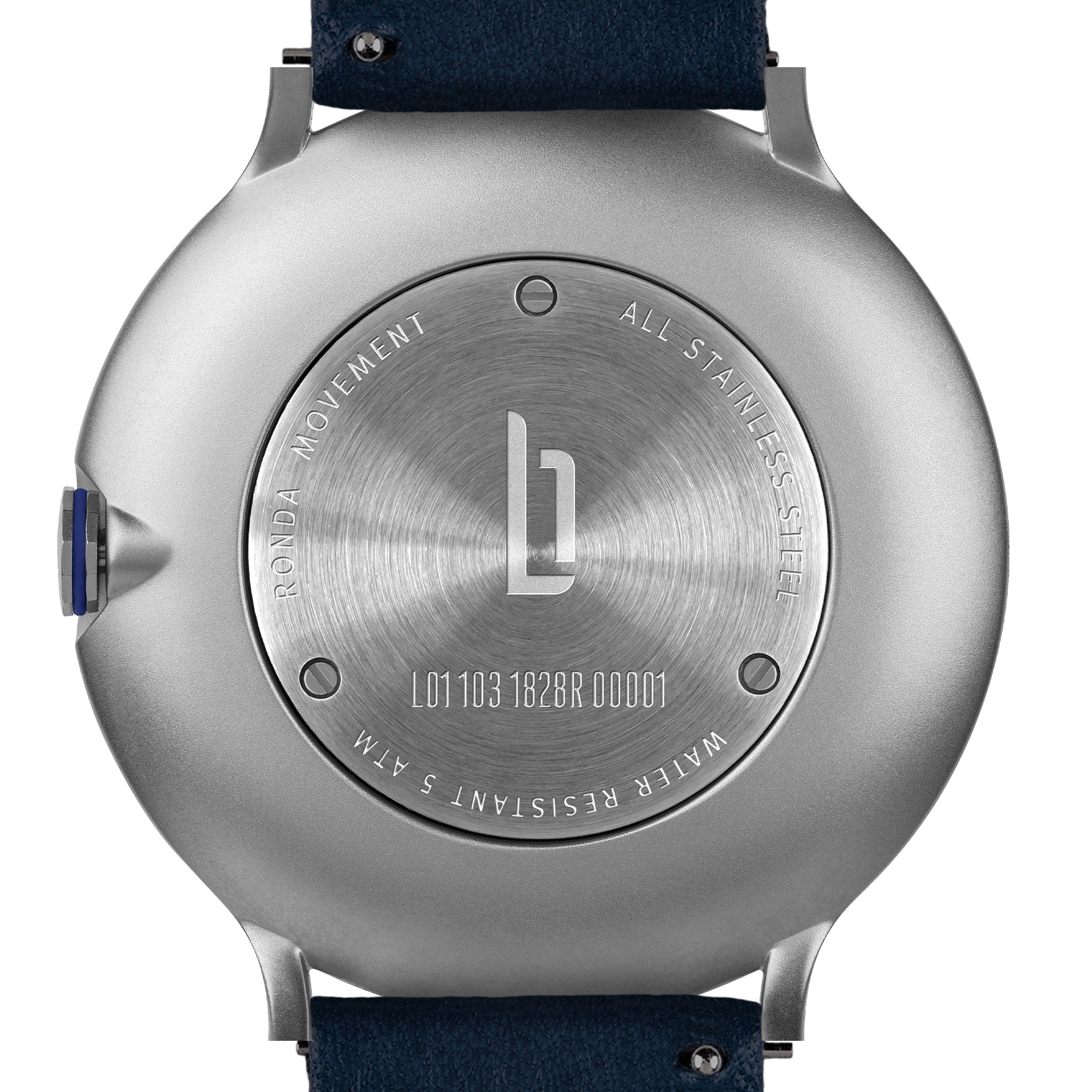 Stainless steel watch case back with engraved logo, blue crown, and navy strap