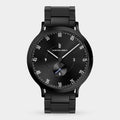 Sleek black stainless steel men's watch with minimalist dial and subdial on metal bracelet