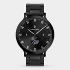 Sleek black stainless steel men's watch with minimalist dial and subdial on metal bracelet